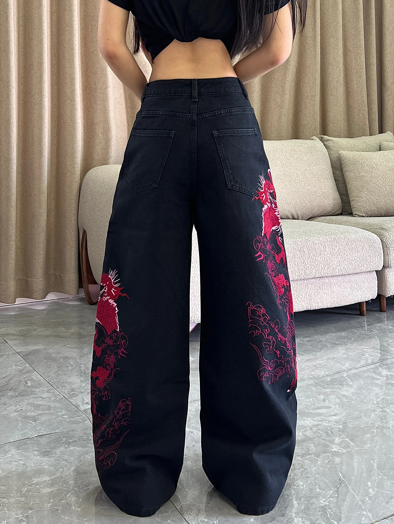 European And American Style, Traditional Chinese Red Dragon And Auspicious Cloud Embroidery, Y2K High Waist Wide Leg Black Pants