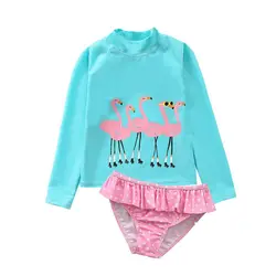 Girls Sunscreen Long Sleeve Swimsuit + Swim Shorts Two Piece Kids Flaming Bird Pattern Ruffle Swimsuit Set 1-12 Years Old