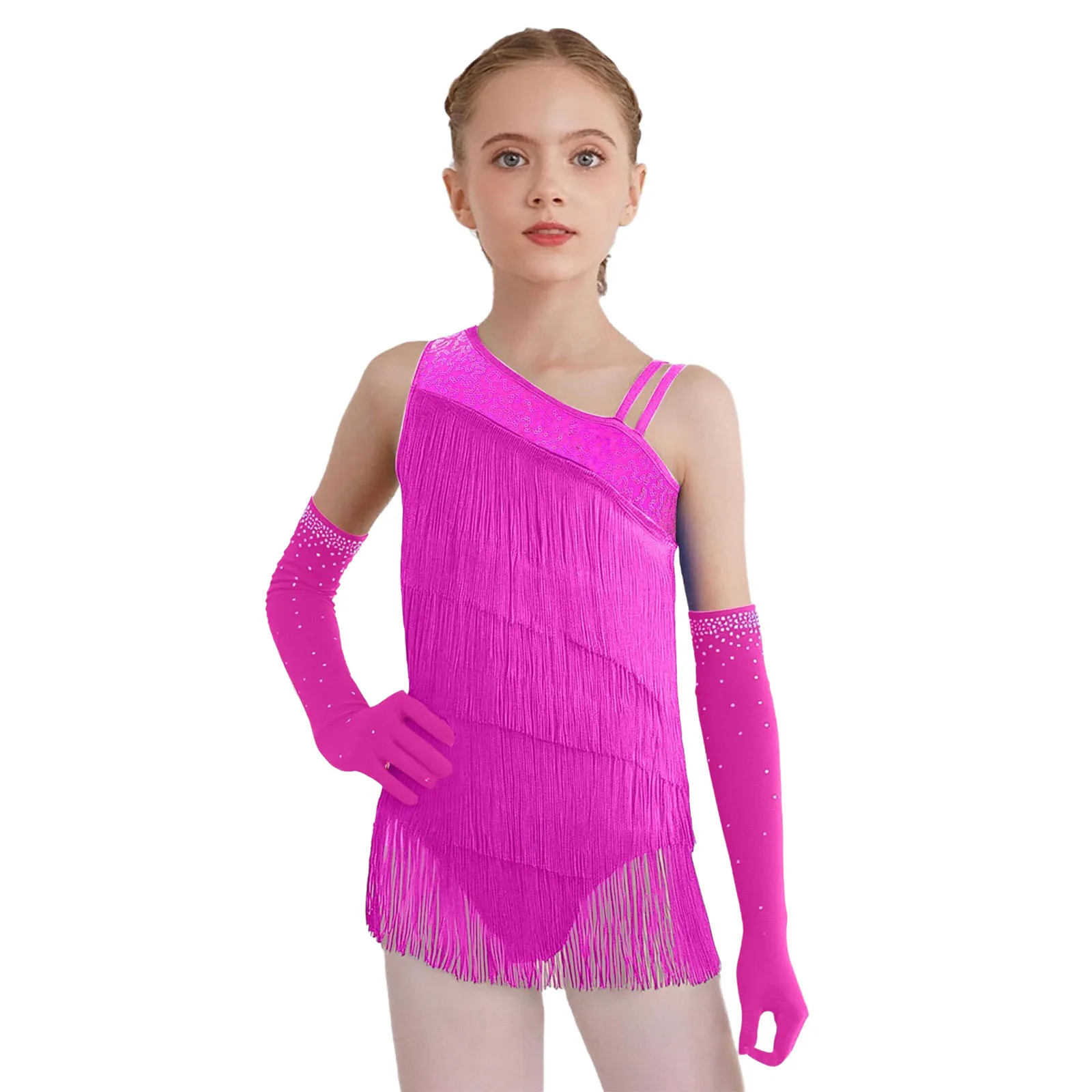 

Kids Girls Modern Ballroom Salsa Latin Dance Dress Sleeveless Tiered Tassels Asymmetrical Sequins Leotard with Gloves Outfit