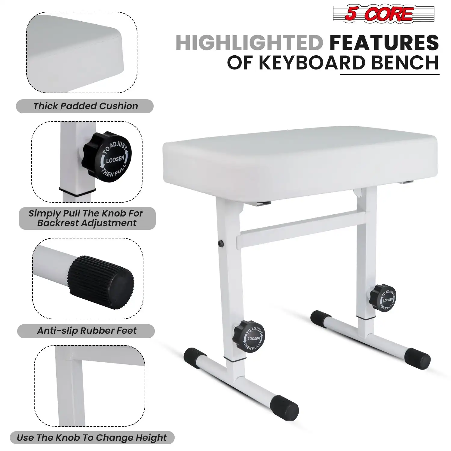 5 الأساسية لوحة المفاتيح مقعد البيانو البراز سميكة مبطن مقعد ارتفاع قابل للتعديل لوحة المفاتيح كرسي KBB H-ADJ WH