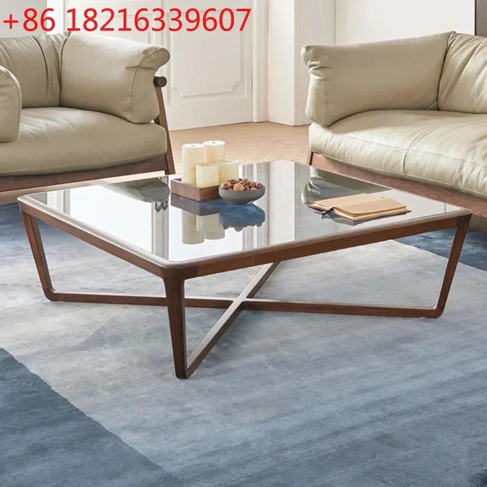 Black Walnut Tempered Glass Large Tea Table Square Solid Wood