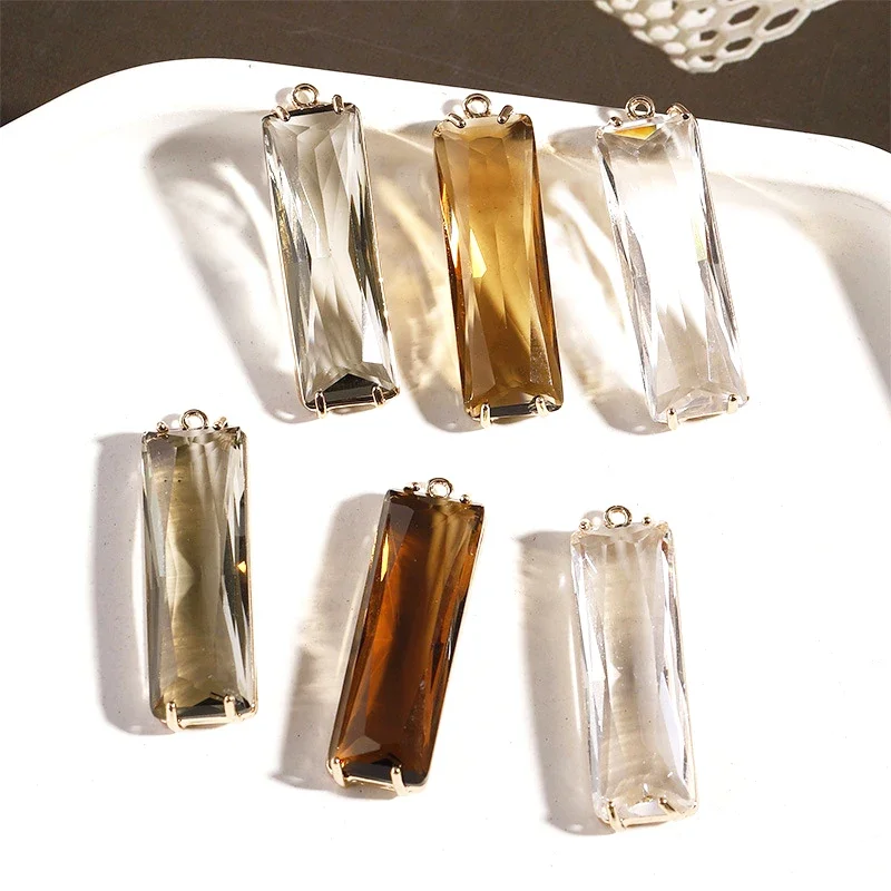 2pcs 10*30mm  copper bonded transparent rectangular crystal glass pendant DIY hand jewelry earrings accessories materials