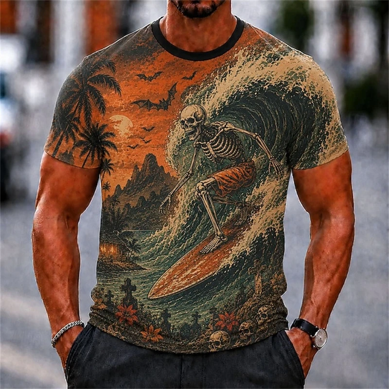 2026 Men's Round-Neck Hawaiian-Style Short-Sleeve T-Shirt with Skull Surf Print, Halloween-Themed Top Vacation Party Top
