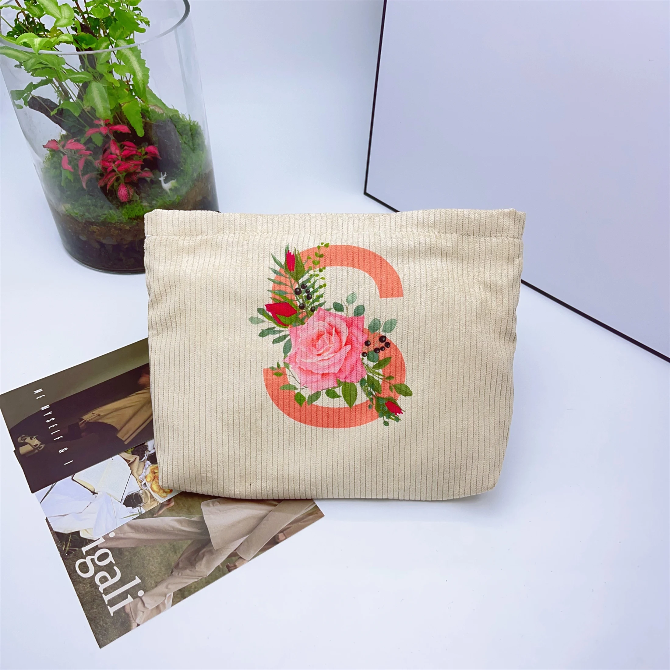 Cosmetic Bag Makeup Bag Corduroy Letter Rose Print Thick Canvas Lining Storage Mobile Wallet Pencil Case Portable Coin Purse