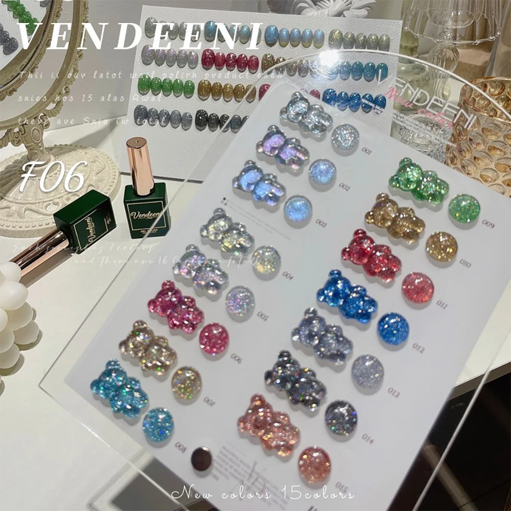 Vendeeni 15 Farben/Set Glitzer-Broken-Diamond-Gel-Nagellack, semi-permanenter Flash-Laser-UV-Soak-Off-Gel-Lack mit Display – Detail 1