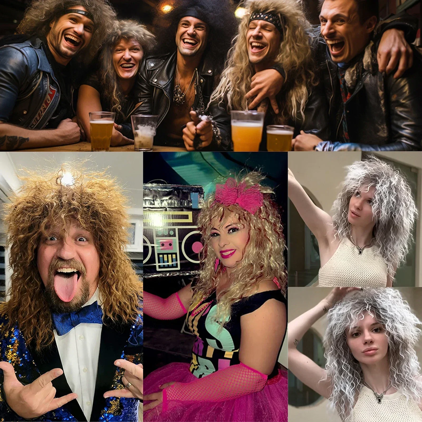 شعر مستعار صناعي مجعد للرجال والنساء طويل الطبقات زي تنكري للحفلات ديسكو 80s شعر مستعار صناعي كرنفال الهالوين #3