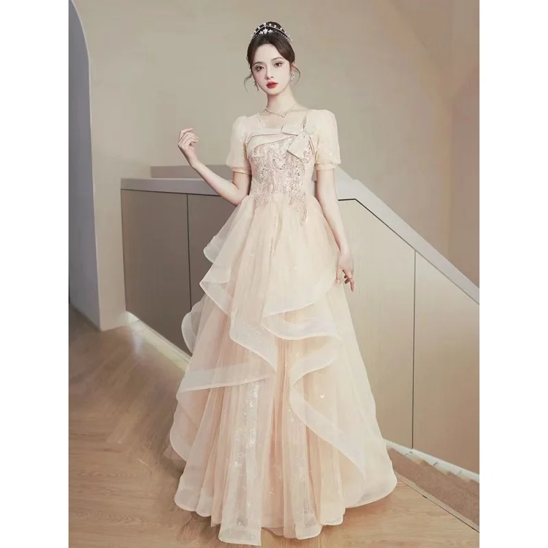 Champagne Evening 2024 New Women\'s Banquet Temperament Adult Ceremony Light Luxury High-End Host Vocal Music Art Test Dress