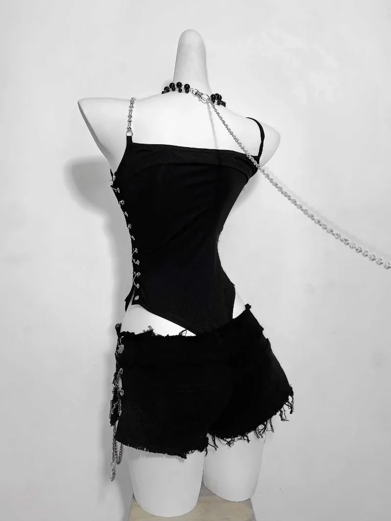 서브컬쳐 다크 고딕 컷팅 바디수트 애니메이션 래지드 슈퍼 쇼츠 핫 걸 세트