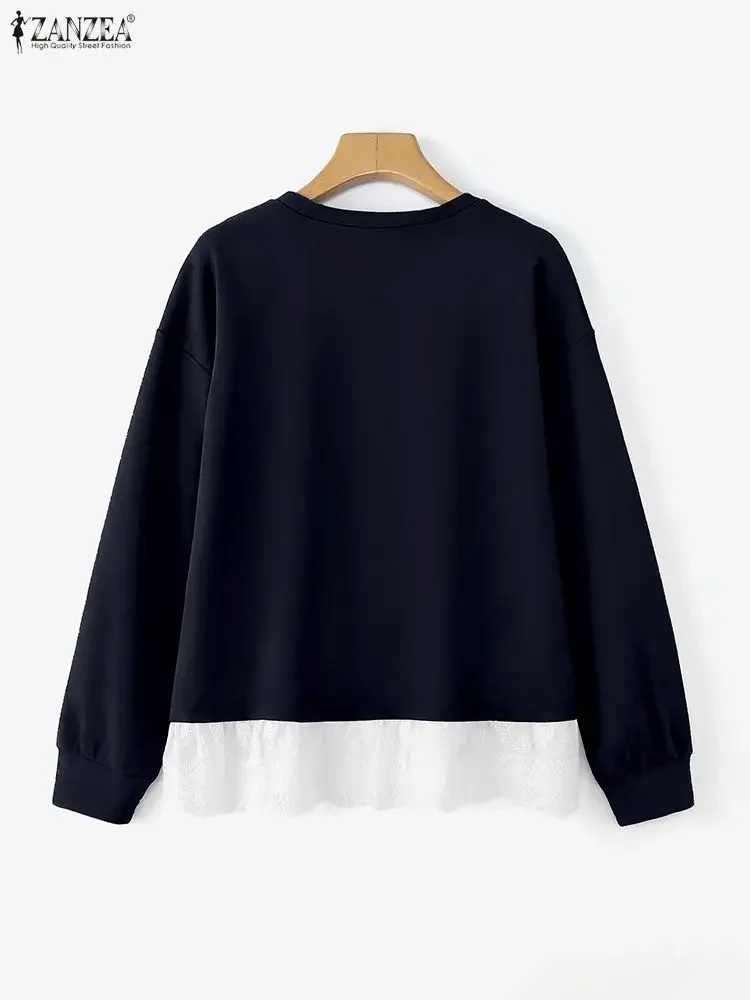 2025 ZANZEA Fashion Women Pullovers Sweatshirts Lace Patchwork Solid Jumpers Autumn Long Sleeve Casual Elegant Street Blusas