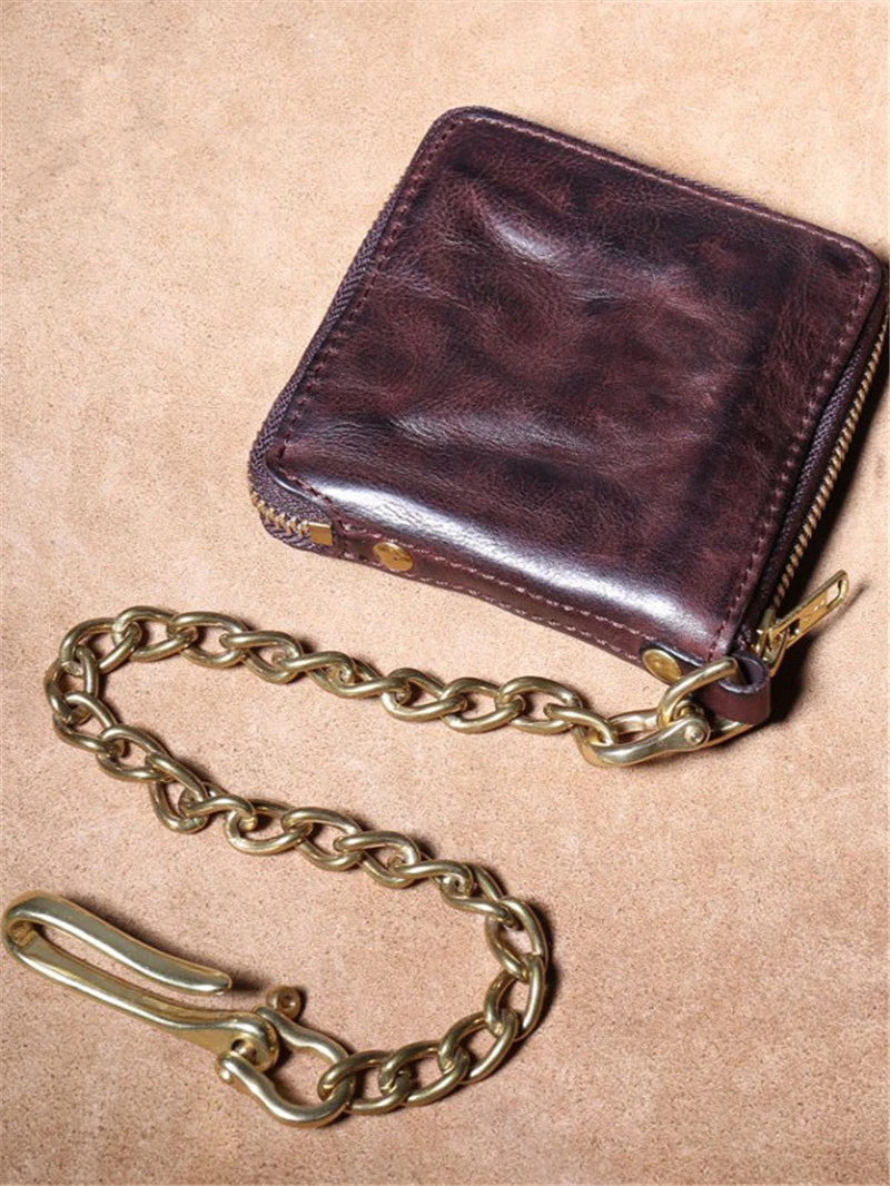 simple luxury handmade first layer cowhide men's women's zipper wallet fashion vintage genuine leather small chain coin purse