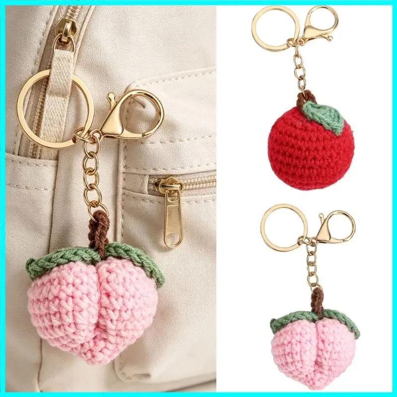 Handmade oranges Knitted Keychain Pear Peach Simulation Fruit Ring Cherry Crocheted Knitting Pendant For Women Girl