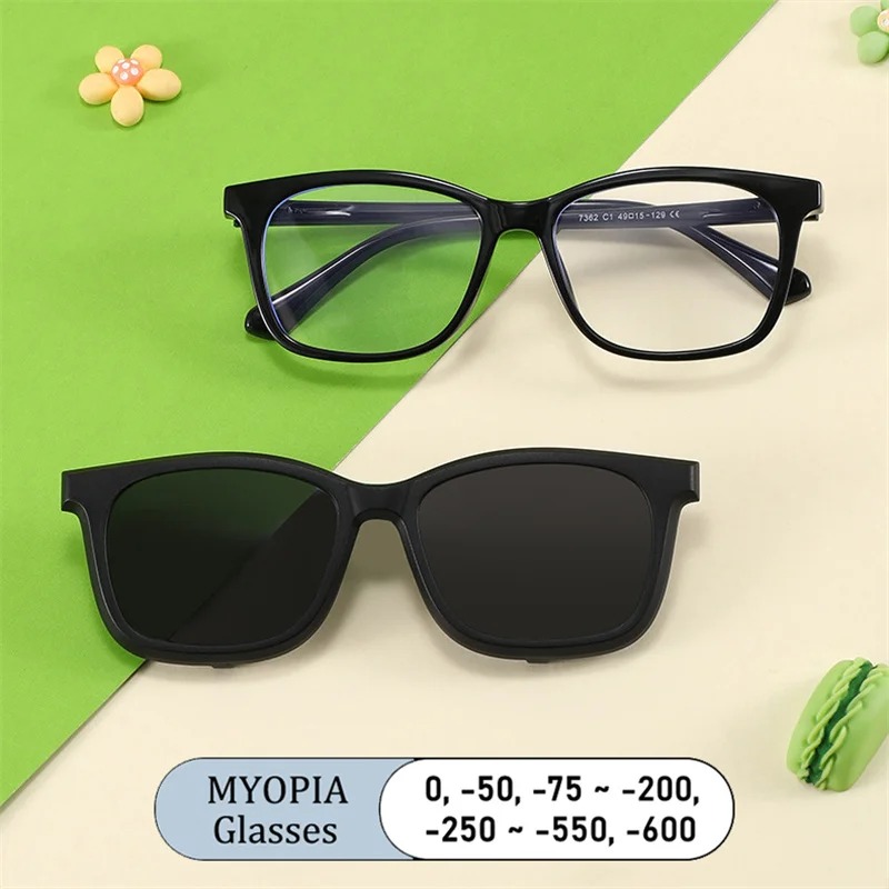 

Set of Glasses Square Girl Frame Dual-purpose Anti Blue Light Prescription Myopia Polarized Light Children Astigmatism Eyeglass