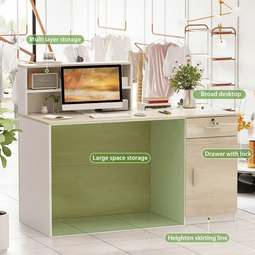 Reception Desk Retail Counter with Lockable Drawer & Shelves, Front Counter Desk Reception Counter Table for Salon Lobby Shop