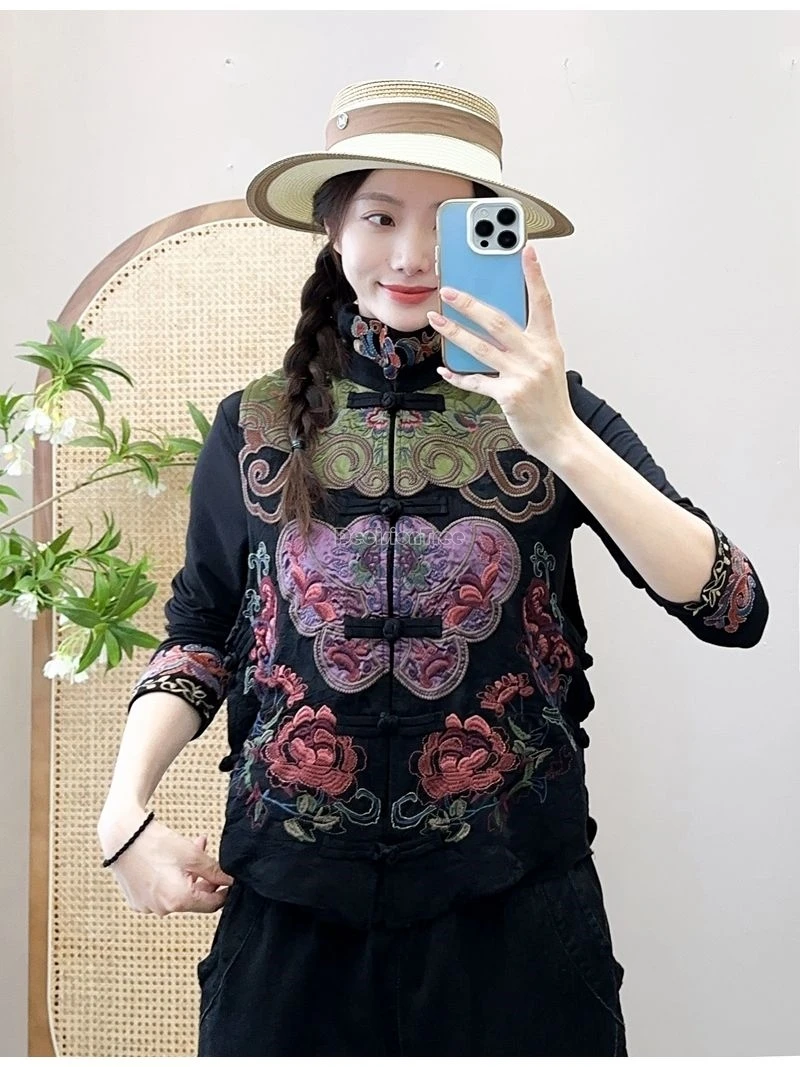 2024 chinese vintage ethnic style embroidered butterfly waistcoat plate buckle stand collar women sleeveless jacquard vest w228