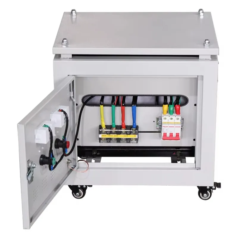 Three-phase step-up step-down transformer with housing
