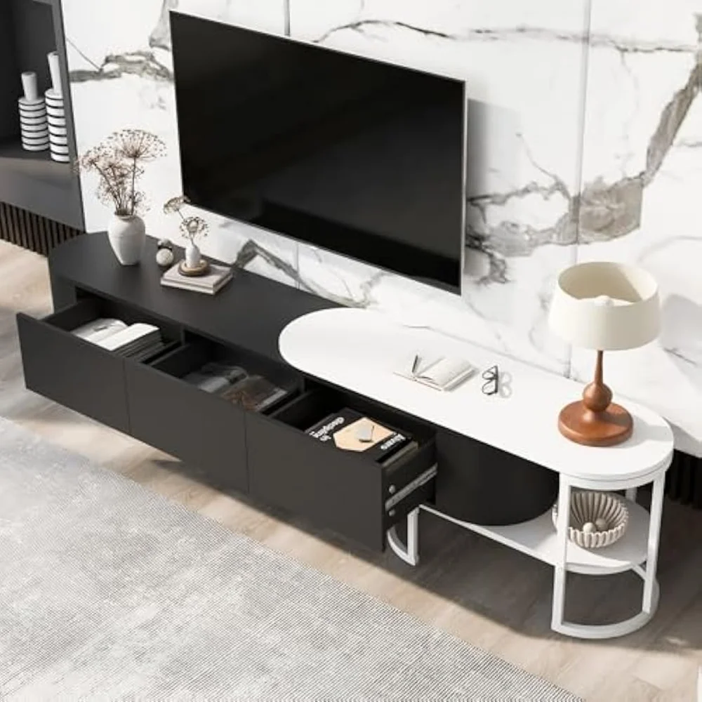 

75 Inch Extendable TV Stand: Modern Black & White High-Gloss Media Console - Adjustable Length 67.7"-76.4" with 3 Drawers