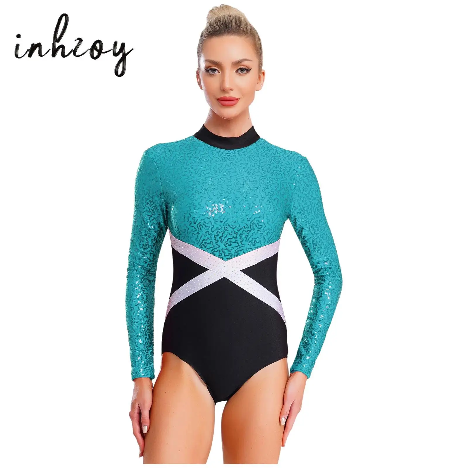 

Women's Gymnastic Leotard Contrast Color Long Sleeve Glittery Sequin One-piece Jumpsuit for Ballet Dance Figure Skating Bodysuit