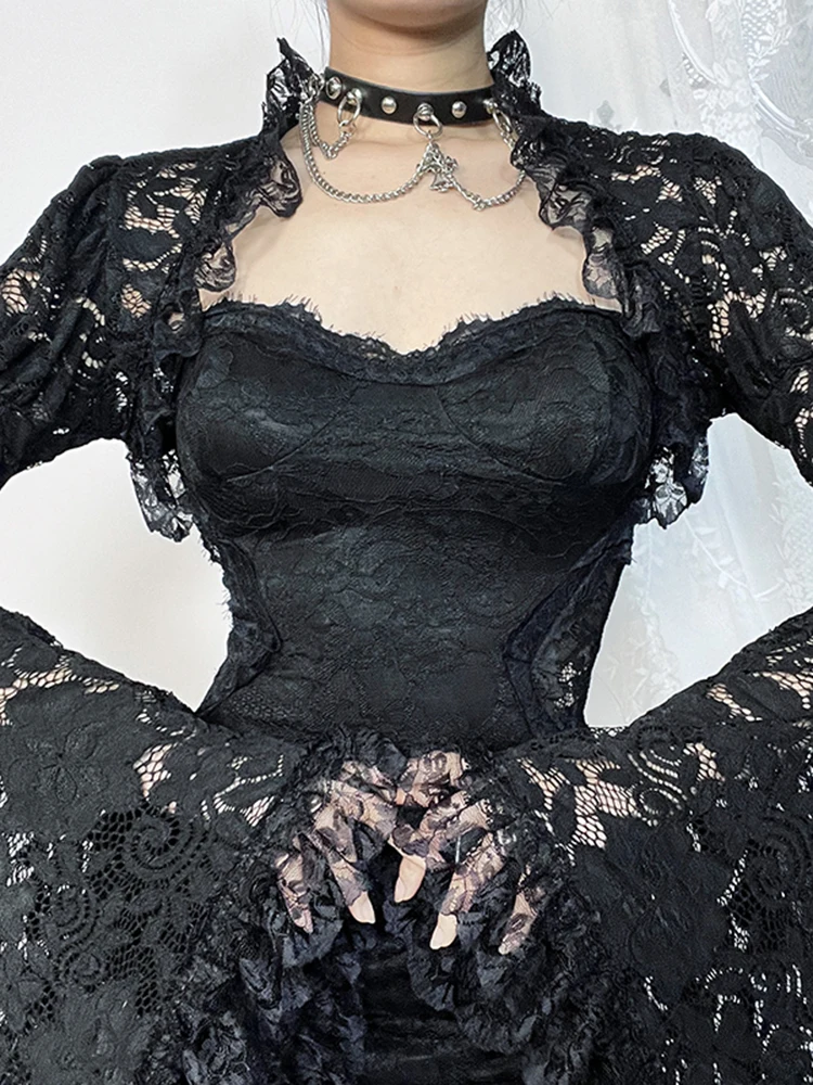 AltGoth Dark Gothic Lace Cover Ups Women Vintage Classic See Through Flare Sleeve Crop Top Blouse Y2k E-girl Emo Alt Rave Outfit