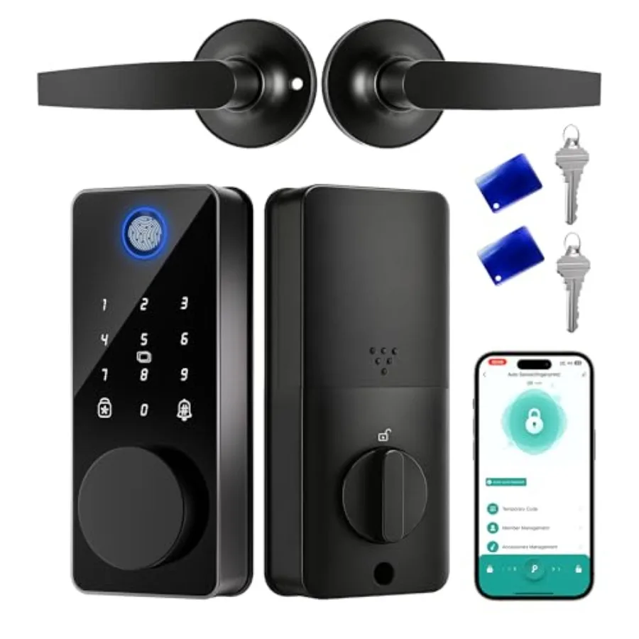 

Front door smart lock with 2 lever handle set: stainless steel, black, fingerprint app control, touchscreen keypad, auto-lock,