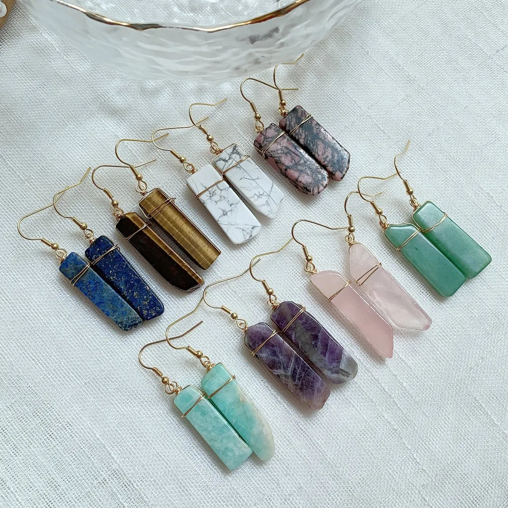 Pendientes de piedra Natural curativa, aretes irregulares, rectangulares, largos, borla, péndulo, amazonita, lapislázuli, cuarzo rosa, púrpura, gota de cristal