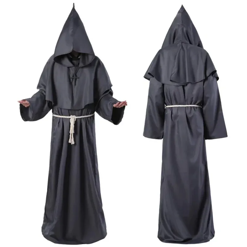 

Medieval Christian Friar Cosplay Costume Monk Hooded Robe Cross Necklace Waist Rope Set Priest Role Play Halloween Partys;3'v,6.