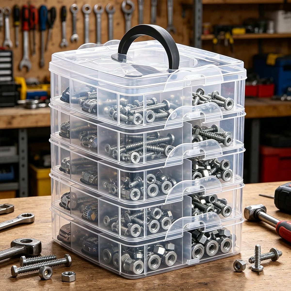 1 Stück Stapelbare Kunststoff-Aufbewahrungsbox für Kleinteile, Mehrstöckige Sortierbox für Schrauben und Bolzen, Tragbare Desktop-Teilebox – Detail 1