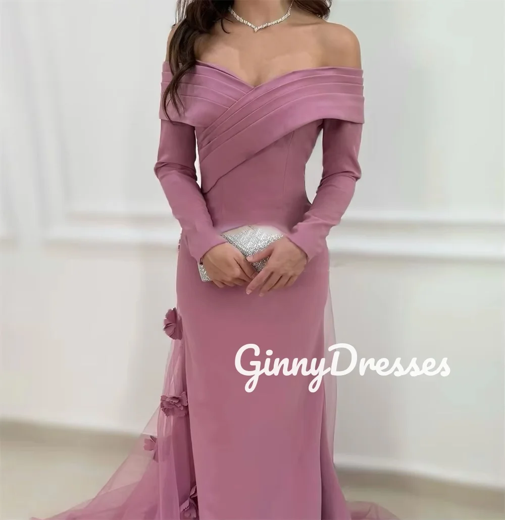 Dubai Luxury Evening Dress Customize A-Line Off-The-Shoulder Long Sleeves Dresses For Prom Flowers Floor-Length Formal Occasion