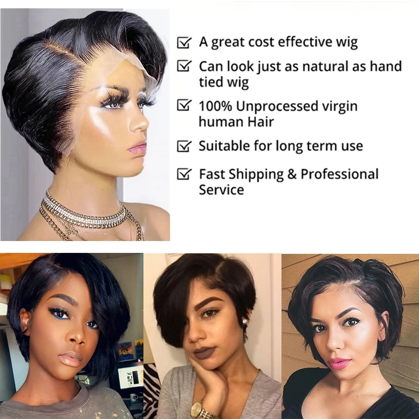 Newmi Pixie Cut Wig Human Hair 13x4 Short Pixie Cut Lace Front Human Hair Wigs Cheap Transparent Preplcuked  Bob Wigs For Women