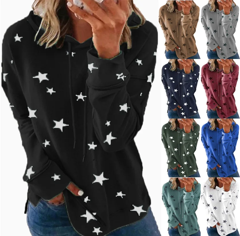 New autumn and winter sweatshirts for European and American women star print tops loose large size hooded sweatshirts for wome