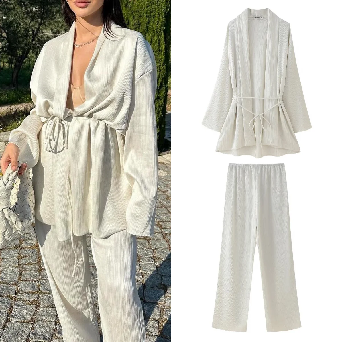 TRAF Women\'s Trendy Kimono Shirt Top 2-piece Set Pleated Pants Suit Versatile and Elegant Women\'s Wide-Leg Pants Chic 2024Summer