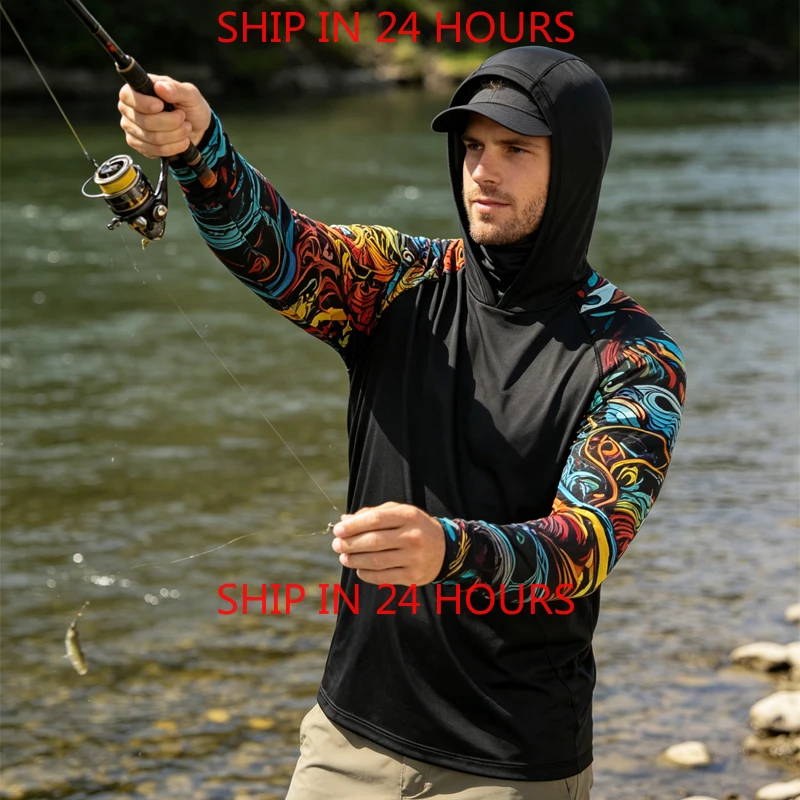 T-shirts à capuche de pêche pour hommes, manches longues, anti-UV, protection solaire, masque facial, vêtements de chasse, jungle, pêche en mer, XS-3XL