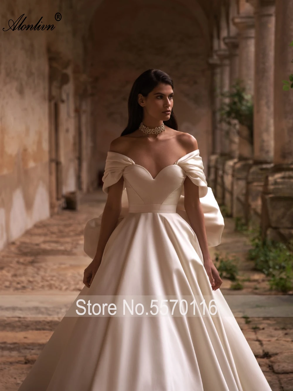 Alonlivn Elegant Satin Off The Shoulder Sleeves A-Line Wedding Dresses With Back Bow