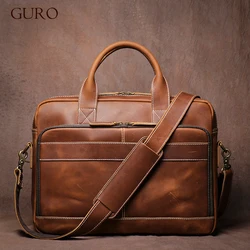 GURO Men's Top Cowhide Executive Briefcase High Quality Handbag Vintage Crossbody Luxury Shoulder Bag Business Office 16″ Laptop