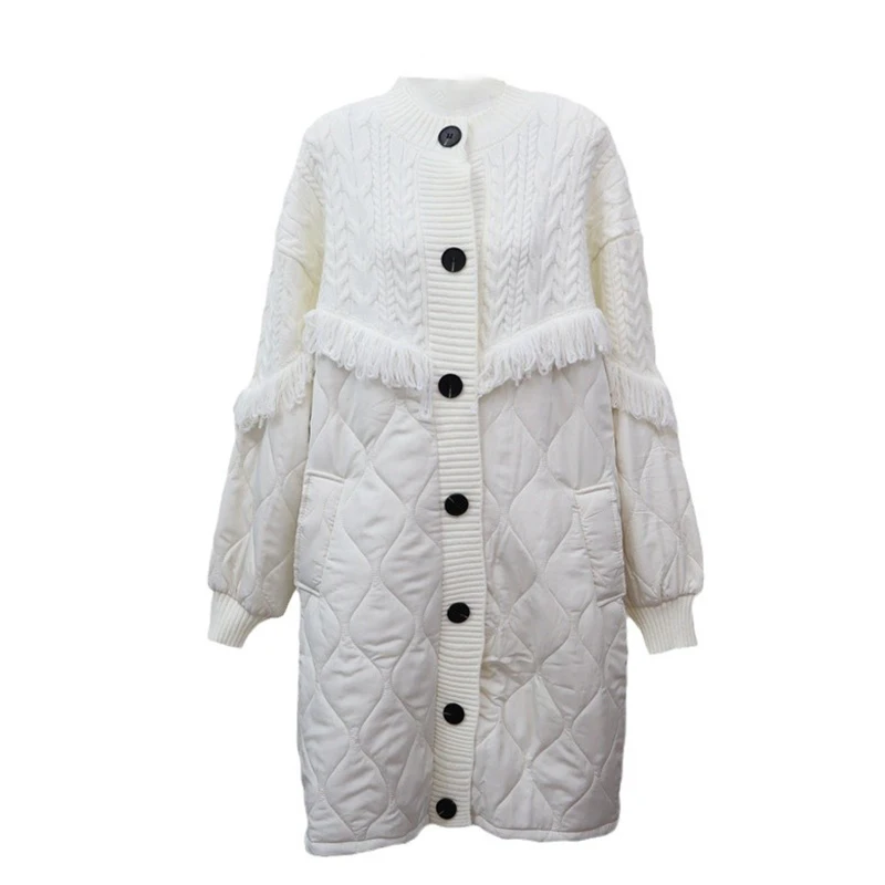 WTHT Fashion Women\'s Spliced Tassel Knit Warm Coat 2024 Winter Trendy O-neck Single Breasted Long Jacket Female 1LS231