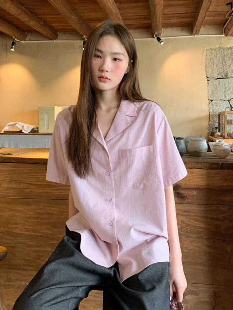 Ropa de calle para mujer, camisa holgada a rayas de manga corta Vintage Y2k, blusa americana Harajuku Retro de verano para mujer, Tops informales nuevos