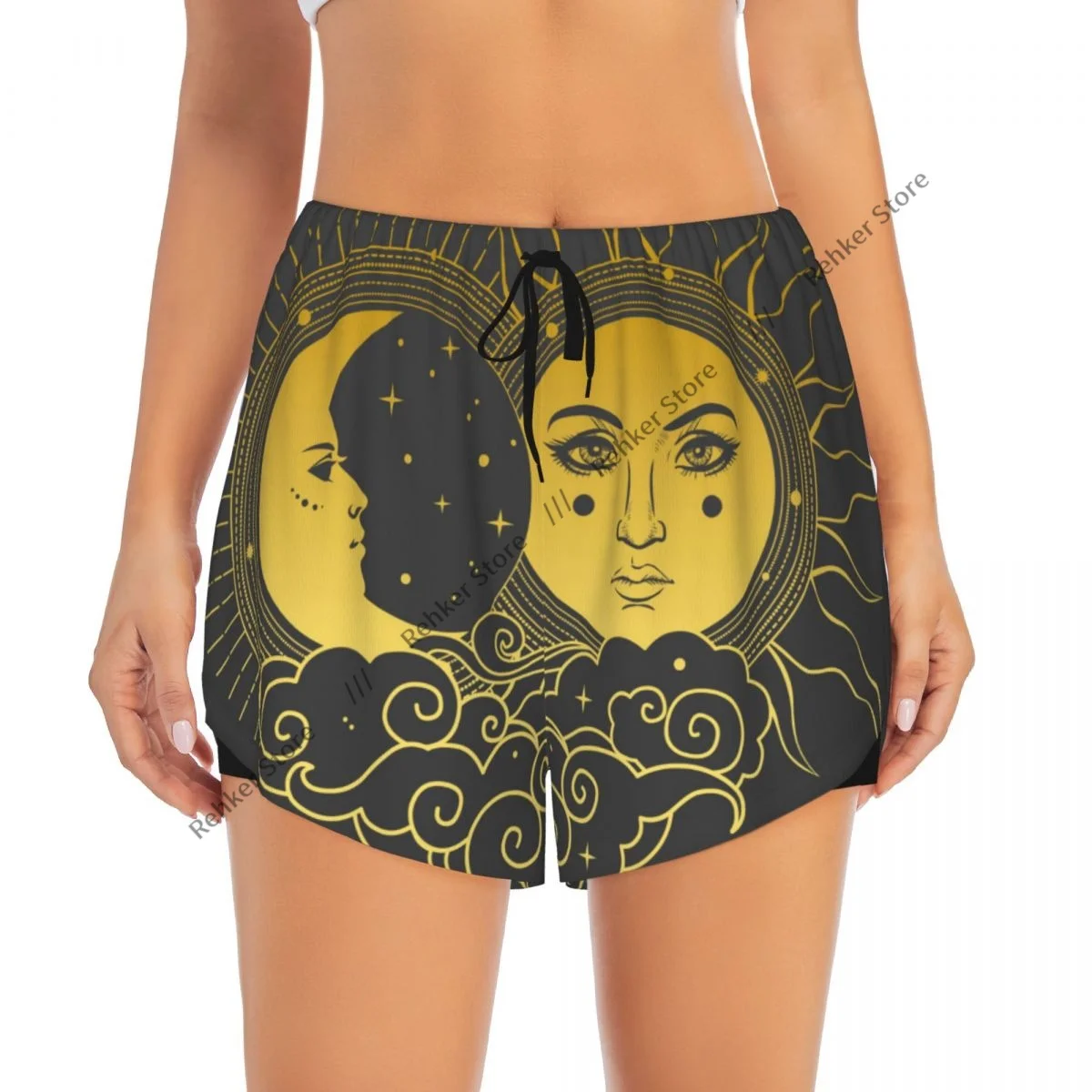レディース アスレチック ショーツ ムーン サン ランニング ヨガ フィットネス 速乾性 バドミントン トレーニング ポケット付き