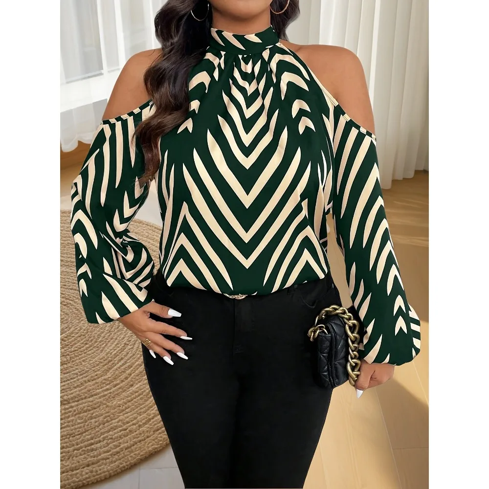 

Женская модная полосатая рубашка больших размеров с открытыми плечами и принтом