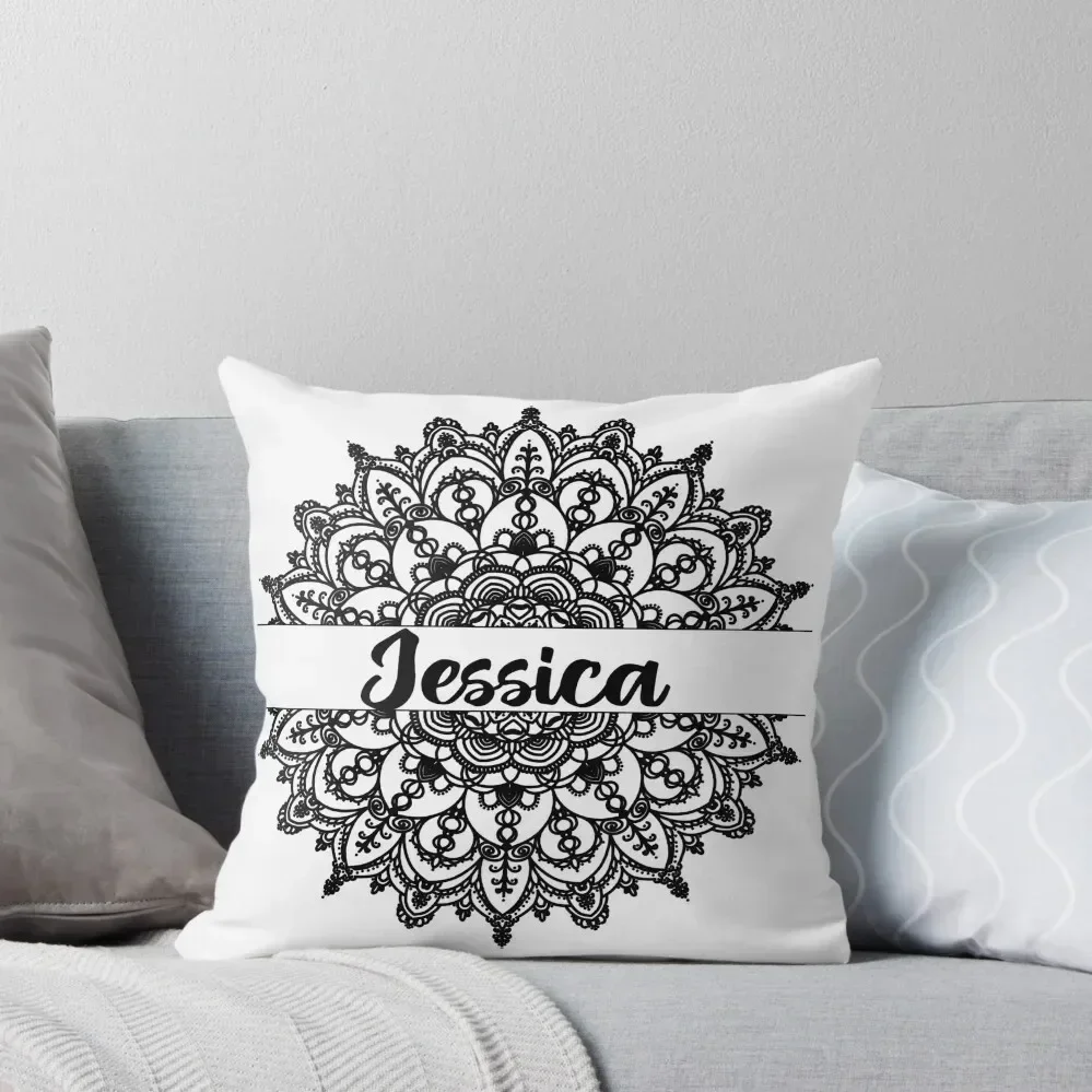 

First name Jessica mandala in black Throw Pillow Couch Cushions Luxury Sofa Cushions home decor items luxury decor pillow