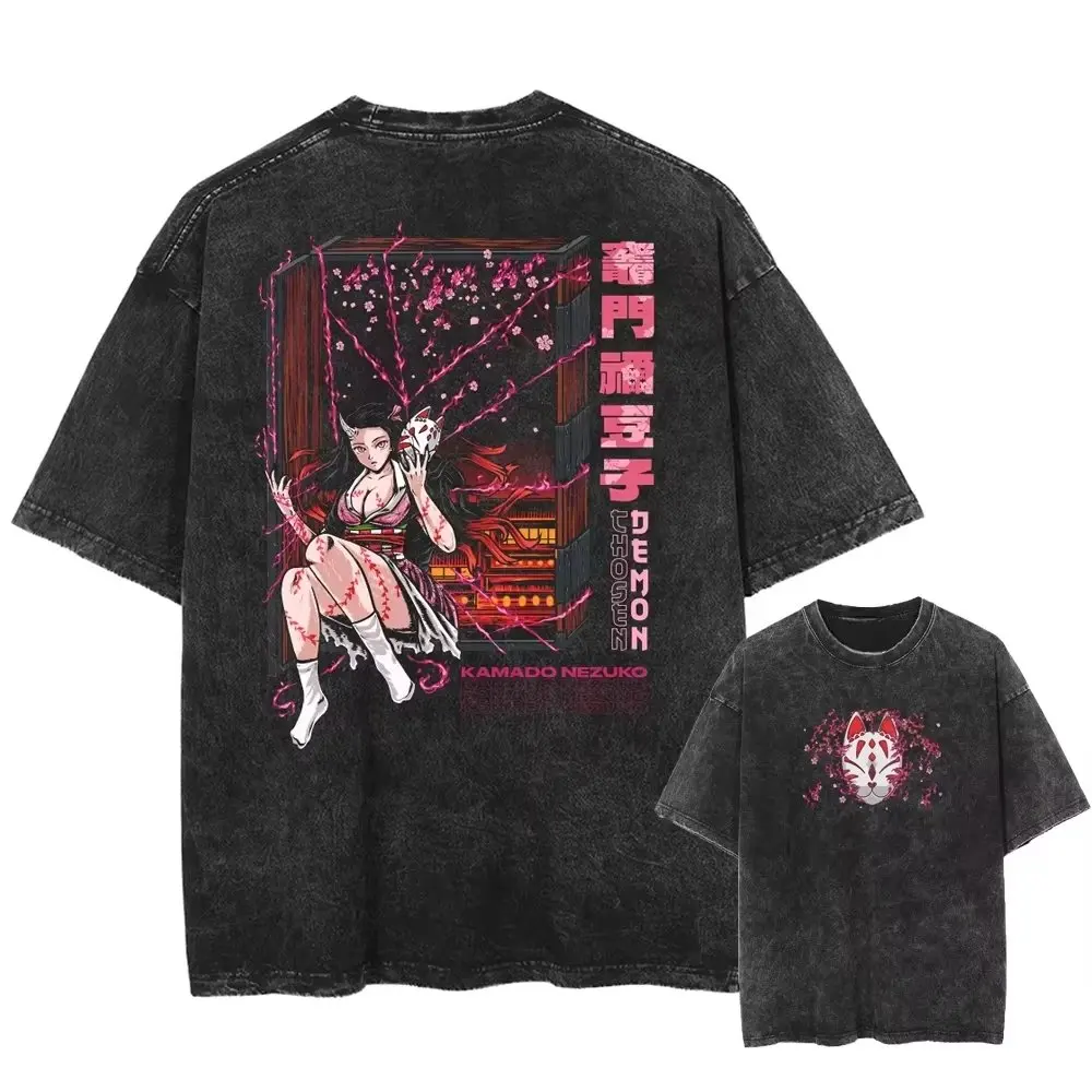 

Anime Demon Slayer Kamado Nezuko Pattern Washed T-shirt Vintage Y2K Street Clothing Fashion Summer Men's Pure Cotton T-shirt
