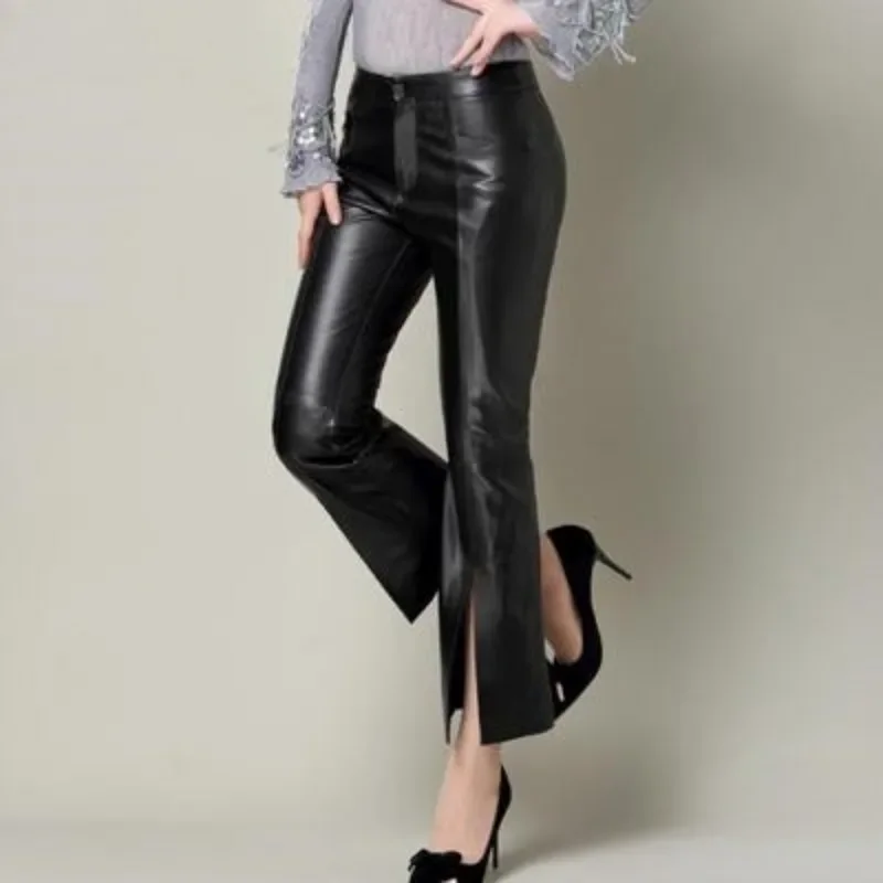 

High Quality Women New Fashion High Waist Genuine Real Sheep Leather Pants Streetwear Women Flare Pants Black