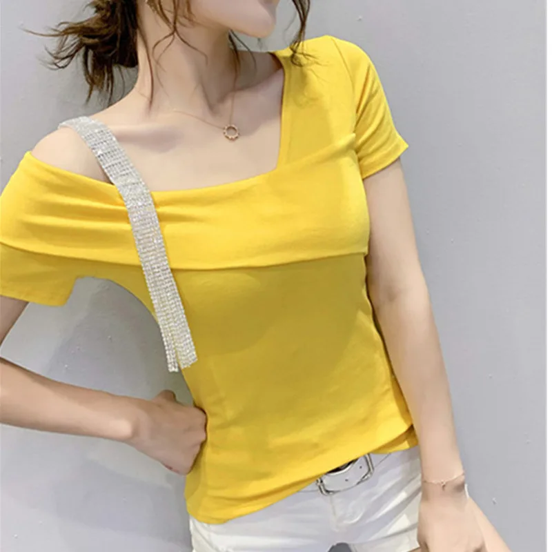 #5301 Summer Sexy Short Sleeve T Shirt Women Skew Collar Diamonds Skinny T Shirt For Girl Solid Color Tee Shirt Korean Fashion