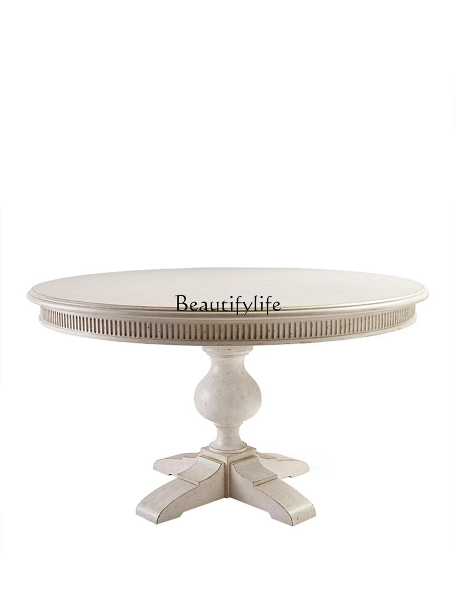 American Country Solid Wood round Table Vintage White Rotating Retractable round Table Simple