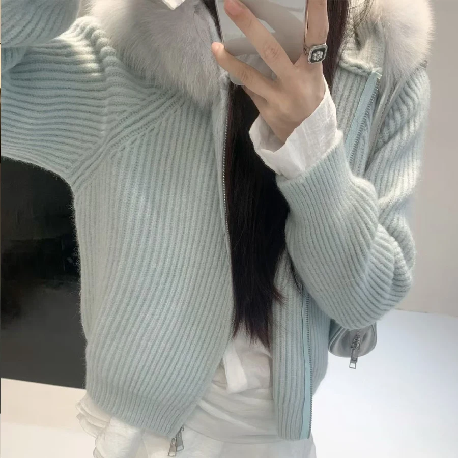 เสื้อฮู้ดดี้คอปกขนสุนัขจิ้งจอกแท้สำหรับผู้หญิง เสื้อแคชเมียร์ ฤดูใบไม้ร่วง ฤดูหนาว สไตล์ใหม่ เสื้อแจ็คเก็ตขนแคชเมียร์