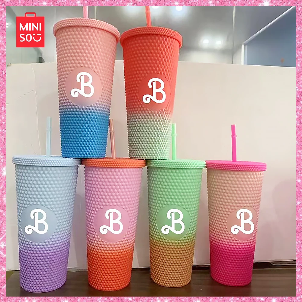 

2024 New Miniso Barbie Head with Straw Portable Durian Cup Plastic Large Capacity Water Cup Girls Birthday Gift