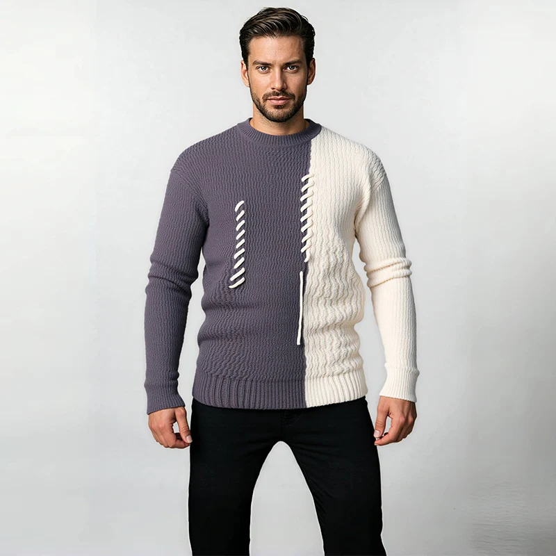 Autumn Winter Men's Thickened Knitted Sweater Trendy Korean Version Casual Scene Patchwork Pullovers