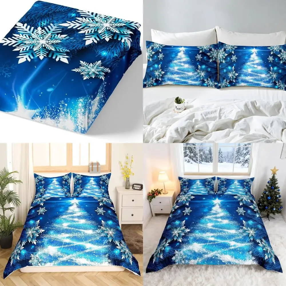 

Blue Snowflake Christmas Duvet Cover Set with Glitter, Chic Winter Theme for Girls' Bedroom, Queen Size, 3 Pieces
