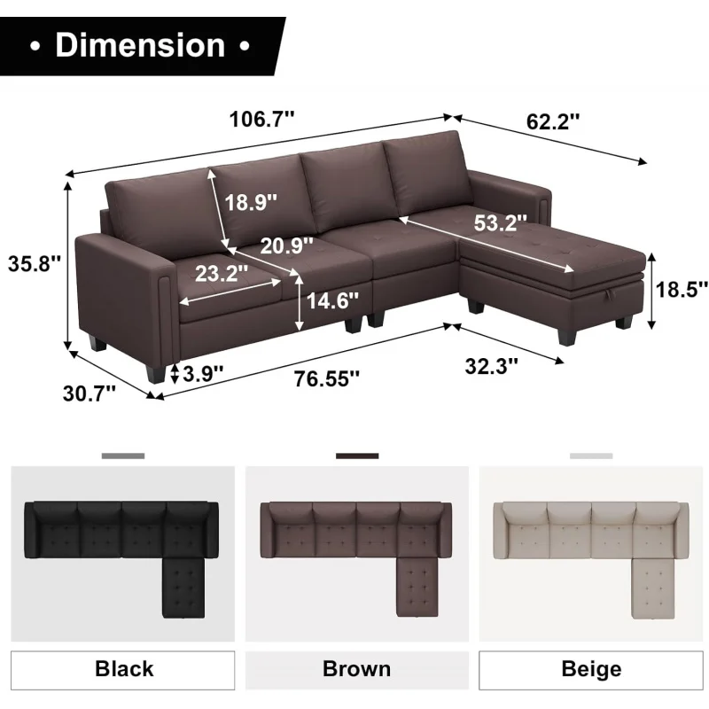 Bein Faux Convertible L Shaped Couch sofa with Reversible Chair Leather Corner Seconal 4 seat