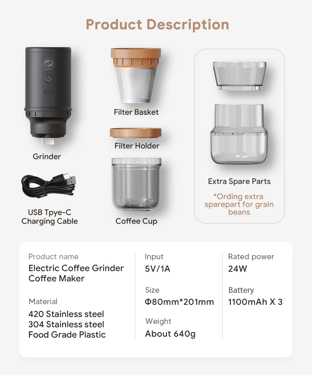 Elektrische tragbare Kaffeemühle aus Edelstahl, Multifunktions-Mahlmaschine für Kaffeebohnen, Bohnen, Getreide und Kräuter – Detail 18
