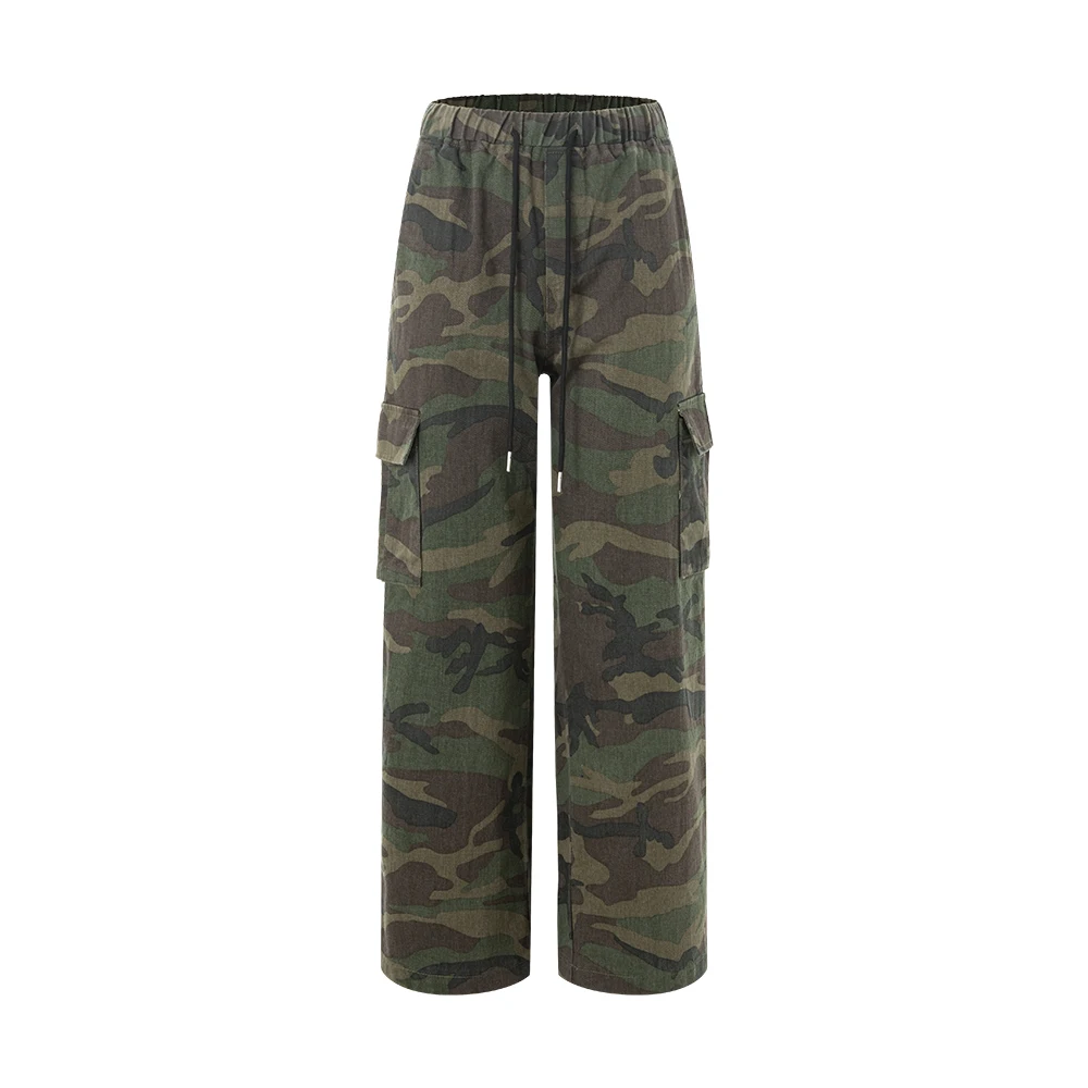 JHJN Camouflage Women Cargo Pants Grunge Elastic Waist Hip Hop Sweatpants Unisex Joggers Trousers Retro Pockets Wide Leg Pants