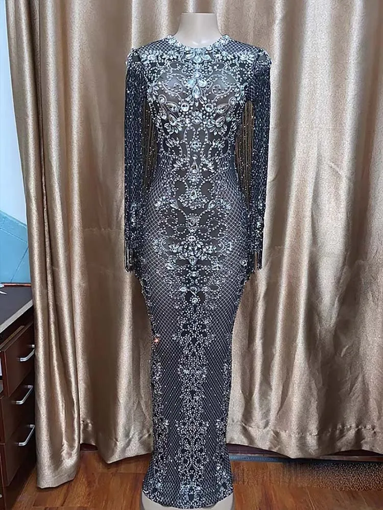 Alta qualidade strass borla sexy vestido elástico 2025 nova moda roupas femininas personalizadas